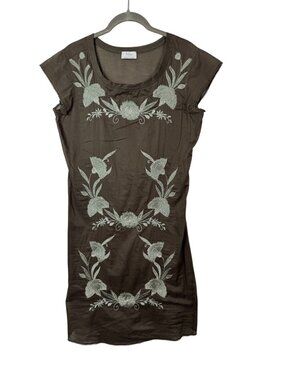 Wrap Olive Green Embroidered Floral Mini sz Dress 4 Boho 100% Cotton Lightweight